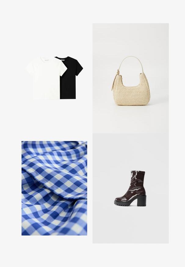 Dvě trička s krátkým rukávem, jedno bílé a jedno černé, vyrobené z bavlny. Obě mají kulatý výstřih a jednoduchý, klasický design.; Modro-bílá kostkovaná tkanina s měkkou strukturou, obsahující malé čtverce v různých odstínech modré. Zahrnuje detail s volánovým okrajem.; Lesklá bordó kotníková bota s masivním černým podpatkem, se hladkým povrchem a jednoduchým designem. Žádné viditelné zapínání ani vzory.; Tkaná slámová kabelka v béžové barvě s zakřiveným tvarem, krátkým držadlem a bočním zipem. Vyznačuje se texturovaným povrchem a minimalistickým designem.
