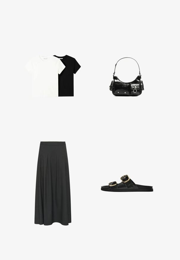 Zwei kurzärmelige T-Shirts, eines weiß und eines schwarz, aus Baumwolle. Beide haben einen runden Halsausschnitt und ein einfaches, klassisches Design.; Langer, dunkelgrauer A-Linien-Rock mit einem taillierten Bund und dezenten Falten, die vom Bund bis zum Saum verlaufen.; Schwarze Riemensandale mit zwei goldenen Schnallendetails, glattem Material, flachem Sohlen und minimalistischer Gestaltung.; Schwarze Lackleder-Handtasche mit geschwungenem Design, einem Schulterriemen, Vordertaschen und silberfarbenen Hardware-Akzenten.