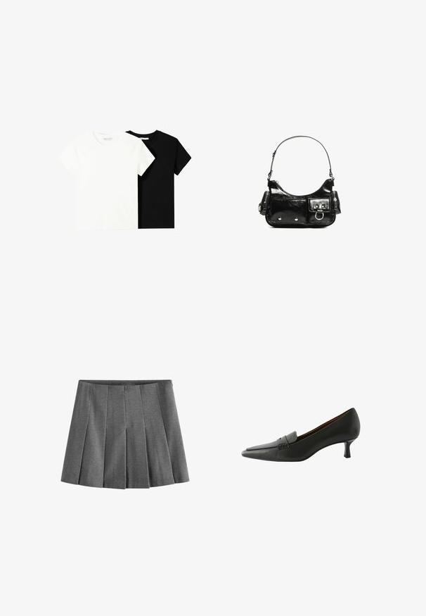 Två kortärmade t-shirts, en vit och en svart, tillverkade av bomull. Båda har en rund halsringning och en enkel, klassisk design.; Grå plisserad kjol i mjukt tyg, med jämnt fördelade knivpleats och en midja för en figurnära look.; Svart läderklackskor med spetsig tå och dekorativ rem. Har en låg stilettklack och slät yta.; Svart lackläderhandväska med en rundad form, en axelrem, framfickor och detaljer i silverfärg.