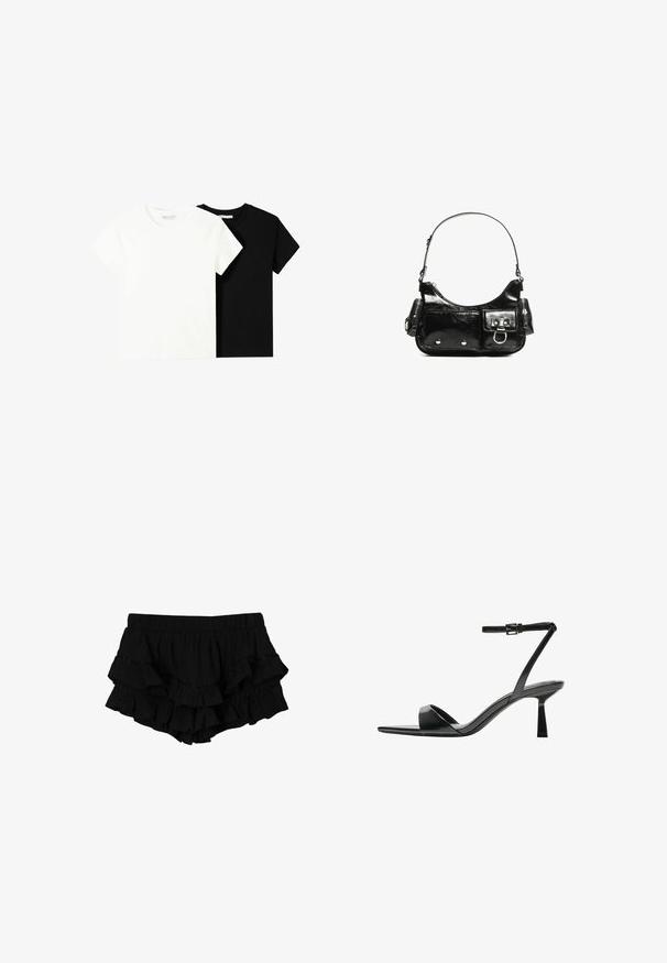 Dve tričko s krátkym rukávom, jedno biele a jedno čierne, vyrobené z bavlny. Obe majú okrúhly výstrih a jednoduchý, klasický dizajn.; Čierne volánové šortky s elastickým pásom, ktoré majú tri vrstvy volánov a jemne štruktúrovanú látku, vytvárajúce vrstvený siluetu.; Bershka Sandále na vysokom opätku - black; Čierna laková kožená kabelka s ohnutým tvarom, jedným ramenným popruhom, prednými vreckami a striebornými kovovými doplnkami.