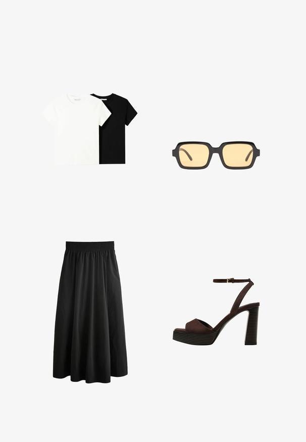 To korte ærmel t-shirts, en hvid og en sort, lavet af bomuld. Begge har en rund halsudskæring og et enkelt, klassisk design.; Next POPLIN - Maxinederdele - black; Brune ruskinds højhælede sandal med åben tå, justerbar ankelrem og en stribet plade sål.; Sorte rektangulære solbriller med gule linser, letvægtsramme og karakteristiske slørede kanter på temple. Glat, blank finish.