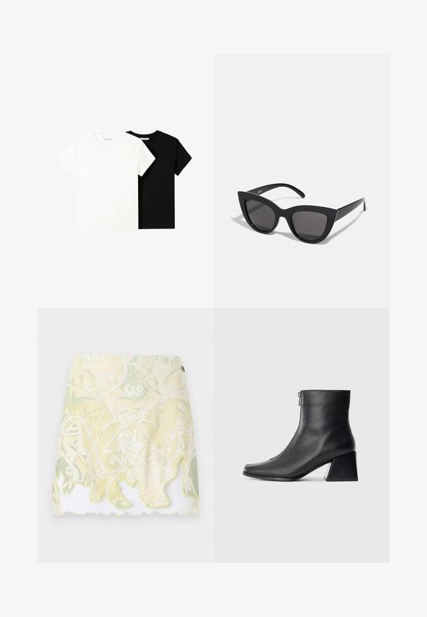 Dve majice s kratkimi rokavi, ena bela in ena črna, izdelani iz bombaža. Obe imata okrogel izrez in preprost, klasičen dizajn.; Kratka krila s tokom oblikovanja, ki ima svetlo rumen in zelen vzorec vijug, ter valovito rob z obrobo v svetlo rumeni barvi.; Črne usnjene gležnjarice s kvadratnim nosom, stranskim zadrgo in blok peto na enostavni svetli podlagi.; Črne mačke-oko sončna očala z mat zaključkom, ki imajo sive tonirane leče, ostre kote in eleganten stranski del. Ime blagovne znamke je vidno na notranjem ročaju.