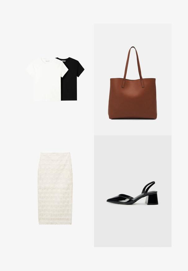 Deux t-shirts à manches courtes, l'un blanc et l'autre noir, en coton. Les deux présentent un col rond et un design simple et classique.; Jupe crayon blanche dotée d'un motif fleuri texturé, de longueur mi-mollet et d'une coupe ajustée. Fabriquée dans un tissu léger avec un léger éclat.; Escarpins en cuir verni noir avec bout pointu et talon bloc géométrique. Présente un design élégant et minimaliste ainsi qu'une texture lisse.; Sac fourre-tout en cuir marron avec une texture lisse, design à ouverture supérieure et deux poignées pour le porter à l'épaule. Présente des coutures minimales et aucun matériel visible.