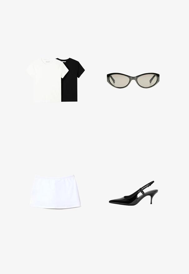 Dve tričko s krátkym rukávom, jedno biele a jedno čierne, vyrobené z bavlny. Obe majú okrúhly výstrih a jednoduchý, klasický dizajn.; Biela sukňa z hladkej tkaniny, s elastickým pásom a rovný strih. Jednoduchý dizajn bez viditeľných vzorov alebo akcentov.; Čierne lakované lodičky na podpätku so špicatou špičkou, otvorenými bokmi, štíhlým podpätkom a nastaviteľným remienkom okolo členka.; Čierne slnečné okuliare v tvare mačacích očí so šedými tónovanými sklami. Plastový rám má ostré hrany a hladký, lesklý povrch.