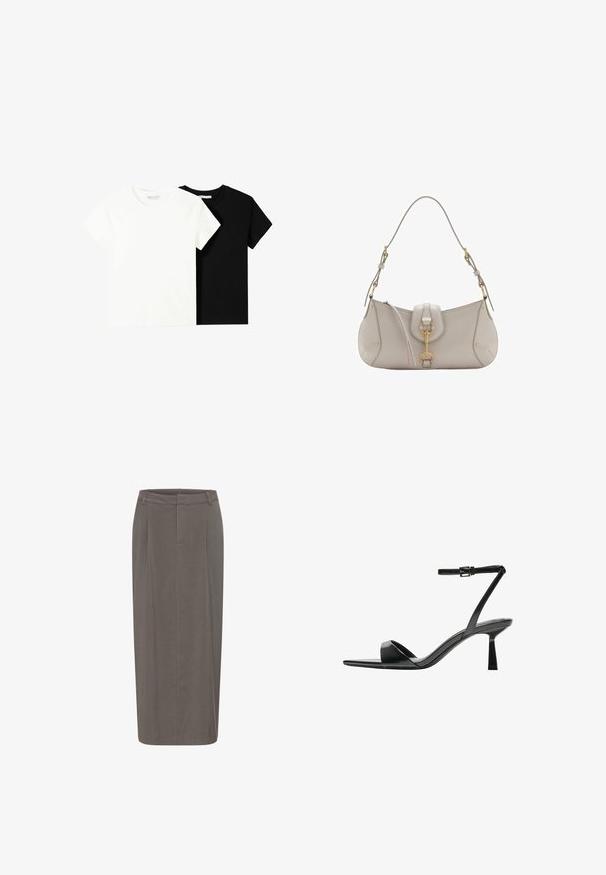 Dve tričko s krátkym rukávom, jedno biele a jedno čierne, vyrobené z bavlny. Obe majú okrúhly výstrih a jednoduchý, klasický dizajn.; Sivá ceruzková sukňa s rovnou siluetou, so záhybmi vpredu, pásom a hladkou textúrou. Bez viditeľných zapínaní alebo vreciek.; Bershka Sandále na vysokom opätku - black; Svetlo šedá kožená kabelka s zakriveným tvarom, zlatými kovovými prvkami, predným zapínaním a prešitými detailmi. Súčasťou je nastaviteľný ramenný popruh.