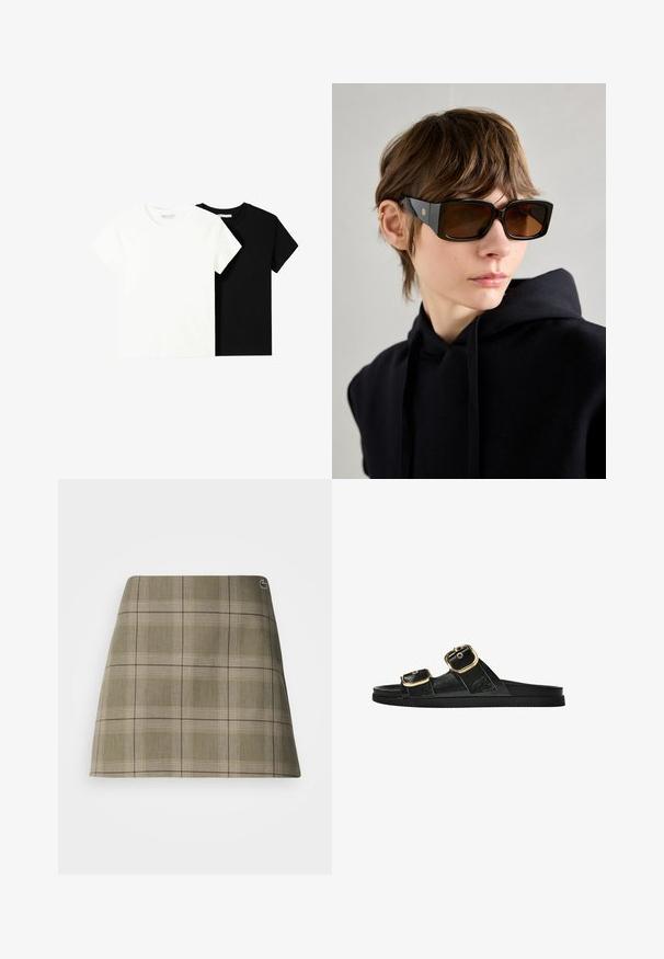Két rövid ujjú póló, az egyik fehér, a másik fekete, pamutból készült. Mindkettő kerek nyakkivágással és egyszerű, klasszikus dizájnnal rendelkezik.; Olívazöld és bézs kockás mini szoknya, egyenes fazonnal, finom textúrával és egy kis logóval a derékrész közelében.; Fekete csúszó szandál, két arany csattal, sima textúrájú anyagból, lapos talppal és minimalista dizájnnal.; Fekete, túlméretezett napszemüveg, fényes felülettel, téglalap alakú, barna színű lencsékkel és arany logóval a szárakon.