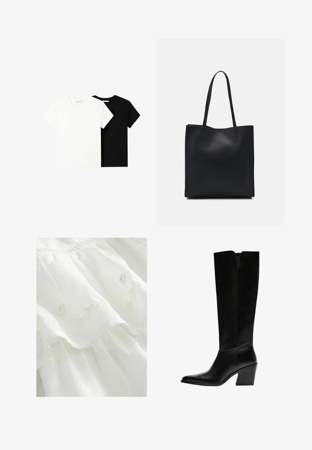 Dvě trička s krátkým rukávem, jedno bílé a jedno černé, vyrobené z bavlny. Obě mají kulatý výstřih a jednoduchý, klasický design.; Bílá látková šaty s květinovou výšivkou, volánkovým lemem a knoflíkovými detaily. Měkká textura s lehkým, splývavým designem.; Černé kozačky po kolena vyrobené z hladké kůže, s špičatou špičkou, blokovým podpatkem a výřezem ve tvaru V na vrchu.; Černá kožená taška přes rameno s hladkým povrchem, obdélníkovým tvarem a dvěma dlouhými uchy. Žádné viditelné kování ani ozdoby.