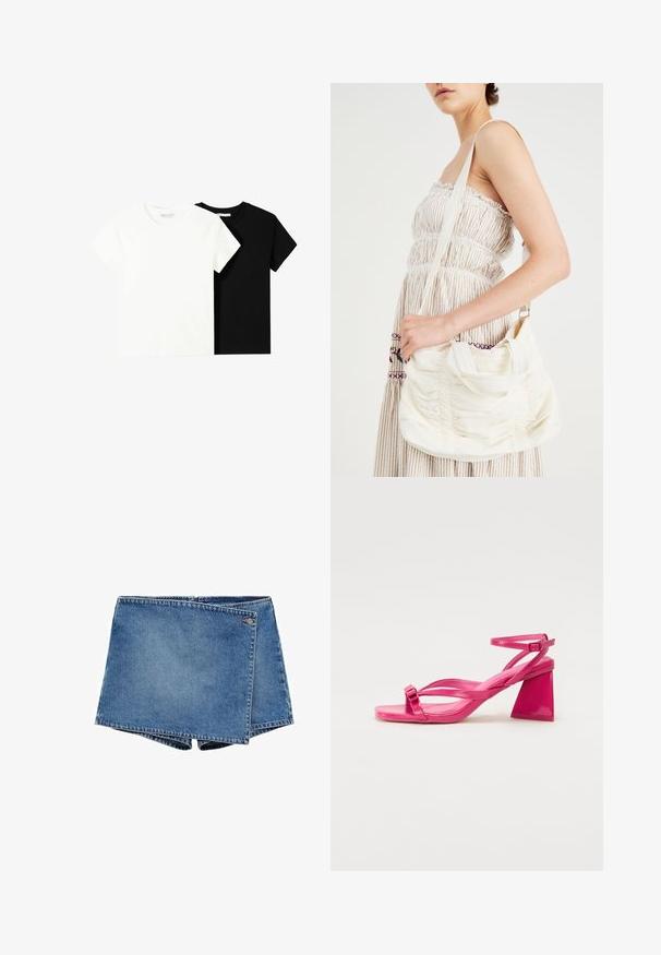 Two short-sleeve t-shirts, one white and one black, made of cotton. Both feature a round neckline and a simple, classic design.; Denim shorts in medium blue with a unique overlapping design. Features a zip closure and a small logo accent on the waistband.; Pink patent leather heeled sandals with a square toe, narrow straps, and a geometric block heel. Features a buckle detail on the strap.; White fabric shoulder bag with gathered texture, adjustable strap, and silver hardware. Displayed alongside a cream-colored dress.