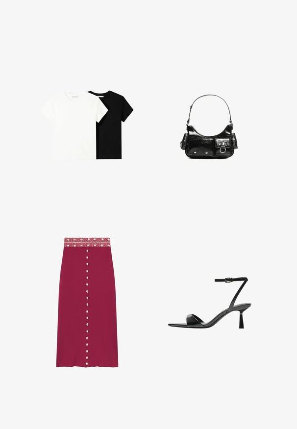 Zwei kurzärmelige T-Shirts, eines weiß und eines schwarz, aus Baumwolle. Beide haben einen runden Halsausschnitt und ein einfaches, klassisches Design.; Maronfarbenem Midirock mit einem gemusterten Bund, der dekorative Knöpfe an der Vorderseite hat. Hergestellt aus weichem Stoff mit leichtem Stretch.; Bershka High Heel Sandalette - black; Schwarze Lackleder-Handtasche mit geschwungenem Design, einem Schulterriemen, Vordertaschen und silberfarbenen Hardware-Akzenten.