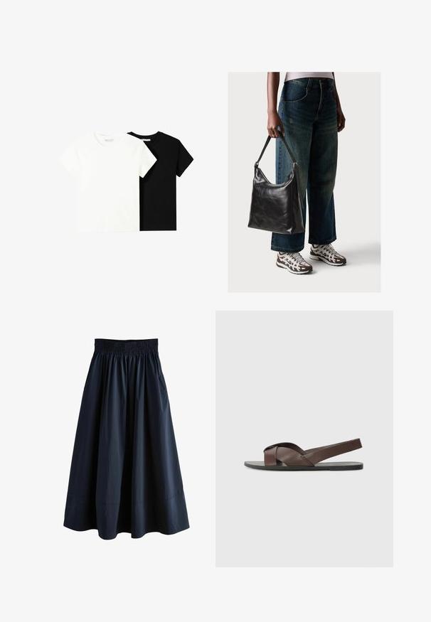 Zwei kurzärmelige T-Shirts, eines weiß und eines schwarz, aus Baumwolle. Beide haben einen runden Halsausschnitt und ein einfaches, klassisches Design.; Next SHIRRED REGULAR FIT - Maxirock - navy; Braune Ledersandale mit einem Kreuzriemen-Design, flacher schwarzer Sohle und verstellbarem Rückriemen. Glatte Textur und minimale Hardware-Details.; Schwarze Leder-Schultertasche mit glatter Textur und verstellbarem Riemen, kombiniert mit ausgewaschenen weit geschnittenen Jeans und sportlichen Sneakern.