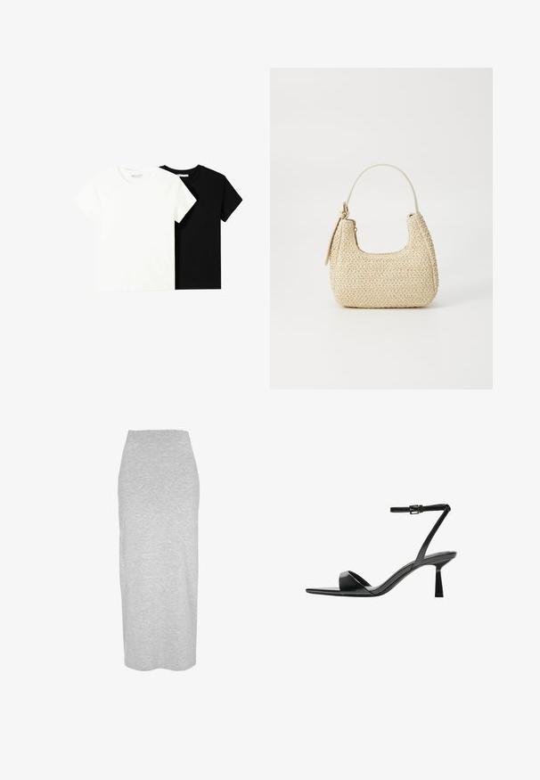 Twee t-shirts met korte mouwen, één wit en één zwart, gemaakt van katoen. Beide hebben een ronde halslijn en een eenvoudig, klassiek ontwerp.; Grijze midi-rok van een zachte katoenmix. Heeft een effen kleur, een aansluitend ontwerp en een eenvoudige, strakke silhouet zonder versieringen.; Bershka Sandalen met hoge hak - black; Geweven straw handtas in beige met een gebogen vorm, een kort handvat en een zijrits. Beschikt over een gestructureerd oppervlak en een minimalistisch ontwerp.