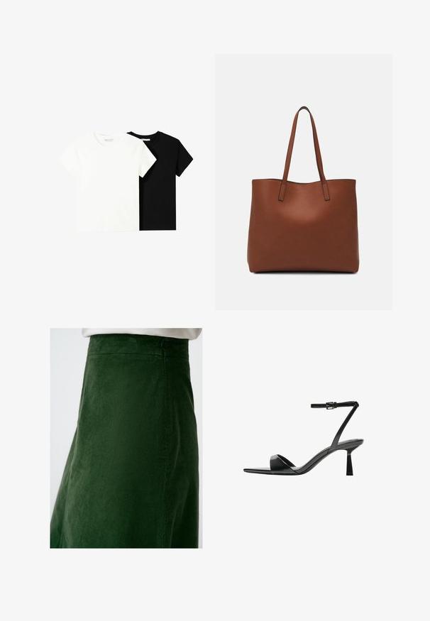 Twee t-shirts met korte mouwen, één wit en één zwart, gemaakt van katoen. Beide hebben een ronde halslijn en een eenvoudig, klassiek ontwerp.; Groene corduroy rok met verticale ribbels, voorzien van een gladde textuur en een aansluitende taille, met zichtbare stikdetails langs de naden.; Bershka Sandalen met hoge hak - black; Bruine leren tote bag met een gladde textuur, een ontwerp met een open bovenkant en twee schouderbanden. Kenmerkt zich door minimale stiksels en geen zichtbare hardware.