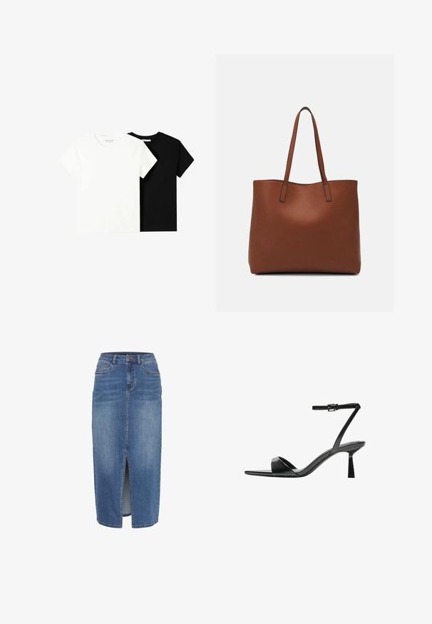 Két rövid ujjú póló, az egyik fehér, a másik fekete, pamutból készült. Mindkettő kerek nyakkivágással és egyszerű, klasszikus dizájnnal rendelkezik.; Denim szoknya elülső hasítékkal, közepes hosszúságú, világos és közepesen kék mosott színben. Öt zsebbel és övlyukkal ellátott derékkal rendelkezik.; Bershka Magas sarkú szandálok - black; Barna bőr vászontáska sima textúrával, nyitott tetejű dizájnnal és két vállpánttal. Minimális varrással és látható hardver nélkül készült.
