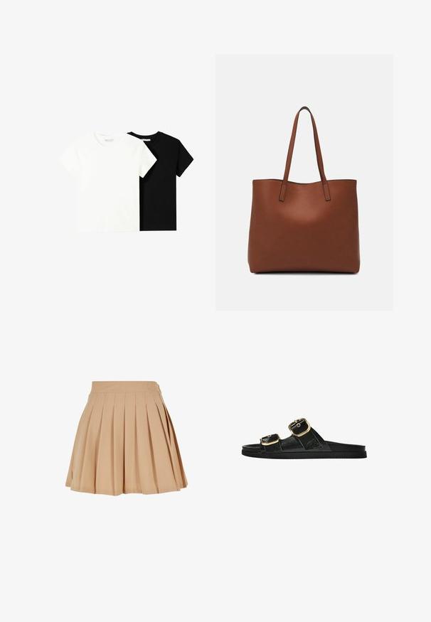 Dve majice s kratkimi rokavi, ena bela in ena črna, izdelani iz bombaža. Obe imata okrogel izrez in preprost, klasičen dizajn.; Bež mini krilo z naborki in visokim pasom ter subtilnim vbodnim logotipom na desni strani pasu.; Črne drsne sandale z dvema zlatima zaponkama, gladkega materiala, ravnim podplatom in minimalističnim dizajnom.; Rjava usnjena torba z gladko teksturo, odprto zasnovo zgoraj in dvema naramnima trakovoma. Opremljena je z minimalnim šivanjem in brez vidnih kovinskih delov.