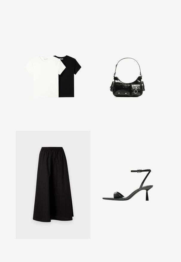 Dve tričko s krátkym rukávom, jedno biele a jedno čierne, vyrobené z bavlny. Obe majú okrúhly výstrih a jednoduchý, klasický dizajn.; Čierna sukňa po kolená vyrobená z ľahkého materiálu s elastickým pásom a uvoľneným A-liniovým strihom. Neobsahuje žiadne viditeľné vzory.; Bershka Sandále na vysokom opätku - black; Čierna laková kožená kabelka s ohnutým tvarom, jedným ramenným popruhom, prednými vreckami a striebornými kovovými doplnkami.