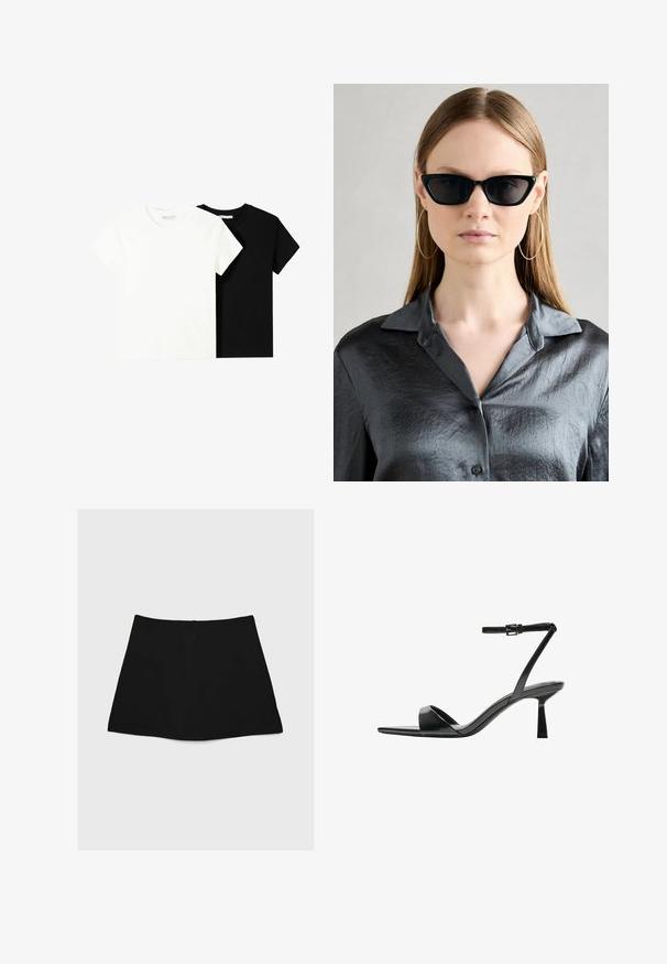 Twee t-shirts met korte mouwen, één wit en één zwart, gemaakt van katoen. Beide hebben een ronde halslijn en een eenvoudig, klassiek ontwerp.; Zwarte mini-jurk met een zachte textuur, A-lijnvorm en een ronde zoom. Voorzien van een ritssluiting aan de achterkant, zonder extra patronen of accenten.; Bershka Sandalen met hoge hak - black; Zwarte cat-eye zonnebril met een glanzende afwerking, gedragen met een textuur grijs overhemd met knopen en een kraag. Grote creolen zijn zichtbaar.; Zwarte laarzen in lakleer met een gebogen vorm, één schouderband, voorvakken en accenten in zilverkleurig metaal.