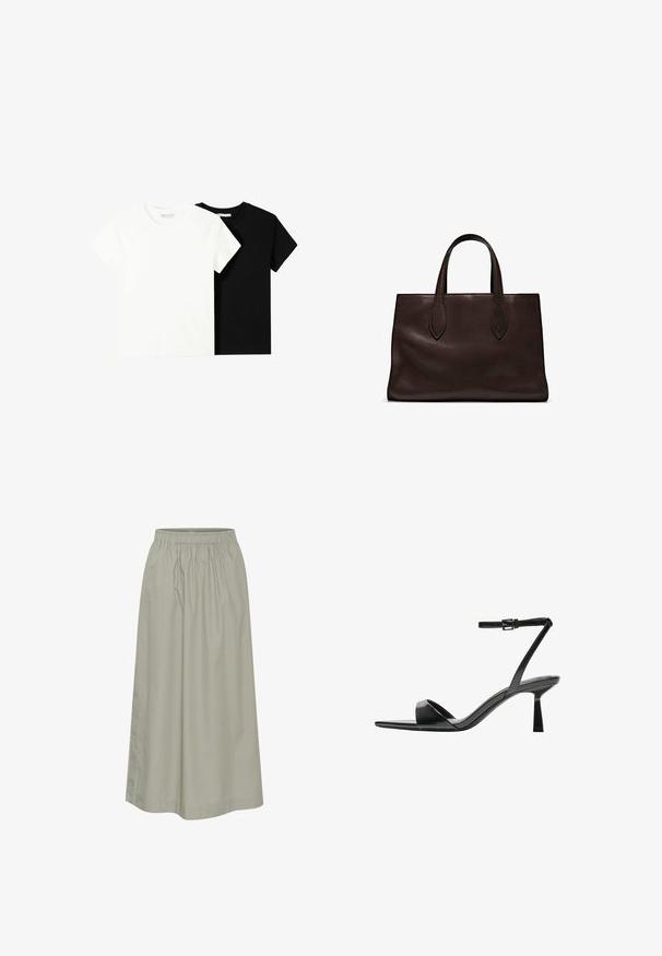 Deux t-shirts à manches courtes, l'un blanc et l'autre noir, en coton. Les deux présentent un col rond et un design simple et classique.; Jupe verte clair, longueur genoux, en tissu doux avec une taille élastique, présentant un design plissé et des détails de couture discrets.; Bershka Sandales à talons hauts - black; Sac tote en cuir marron avec deux poignées allongées, forme rectangulaire structurée, texture lisse et détails de couture subtils.