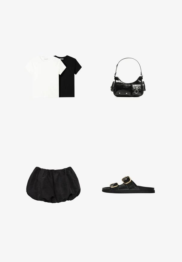 Două tricouri cu mânecă scurtă, unul alb și unul negru, fabricate din bumbac. Ambele au un guler rotund și un design simplu, clasic.; Pantaloni scurți din bumbac negru, cu talie elastică, având un design lejer, gathered și detalii de coasere minime.; Sandalie negre cu toc plat, cu două accente de cataramă aurie, din material texturat neted și design minimalist.; Geantă de mână din piele lăcuită neagră, cu o formă curbată, un umăr, buzunare frontale și accente din metal argintiu.