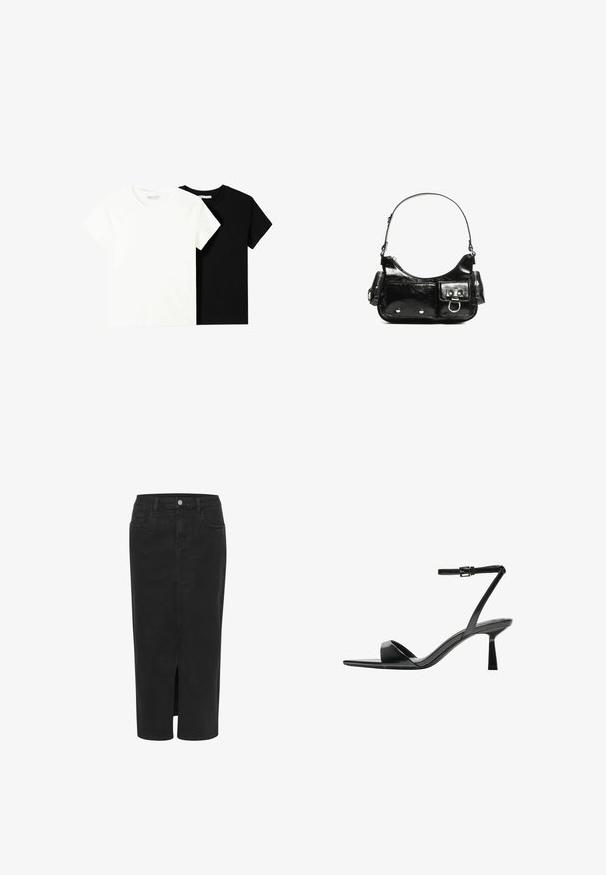 Dve tričko s krátkym rukávom, jedno biele a jedno čierne, vyrobené z bavlny. Obe majú okrúhly výstrih a jednoduchý, klasický dizajn.; Čierna midi sukňa z denimu s predným rozparkom, rovný strih, päť vreciek, zapínanie na gombík a pútka na opasok. Mäkka textúra a klasický dizajn.; Bershka Sandále na vysokom opätku - black; Čierna laková kožená kabelka s ohnutým tvarom, jedným ramenným popruhom, prednými vreckami a striebornými kovovými doplnkami.