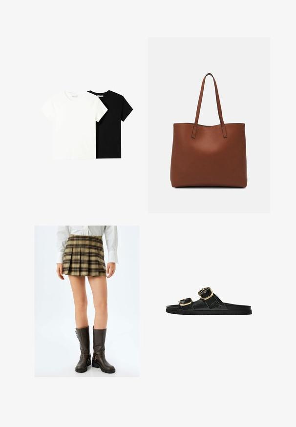 Deux t-shirts à manches courtes, l'un blanc et l'autre noir, en coton. Les deux présentent un col rond et un design simple et classique.; Jupe plissée mini à carreaux bruns avec des accents beiges et verts, associée à des bottes montantes marron ajustées avec des boucles et une finition texturée.; Sandale noire à glissière avec deux accents de boucle en or, en matériau lisse, semelle plate et design minimaliste.; Sac fourre-tout en cuir marron avec une texture lisse, design à ouverture supérieure et deux poignées pour le porter à l'épaule. Présente des coutures minimales et aucun matériel visible.