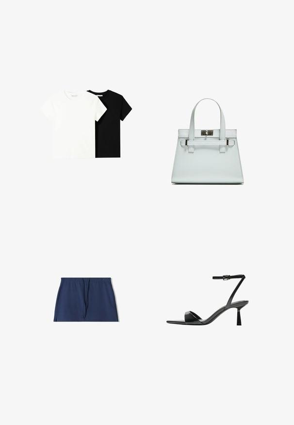 Két rövid ujjú póló, az egyik fehér, a másik fekete, pamutból készült. Mindkettő kerek nyakkivágással és egyszerű, klasszikus dizájnnal rendelkezik.; Sötétkék pamut sort, állítható derékkal, oldalsó hasítékokkal és sima felülettel. Egyszerű dizájn, látható minták vagy kiegészítők nélkül.; Bershka Magas sarkú szandálok - black; Világoskék kézitáska, strukturált kialakítással, két fogantyúval és ezüstszínű fémzárral. Texturált anyag és éles sarkok.
