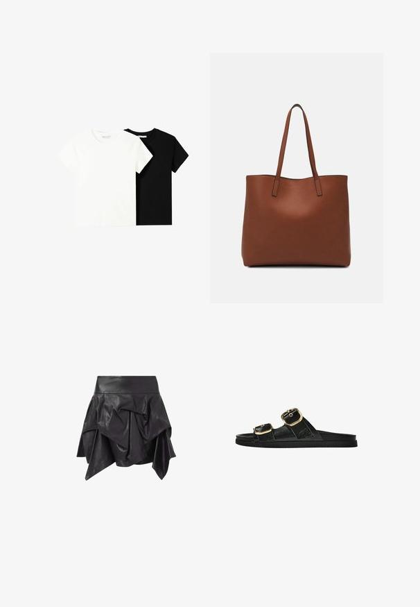 Dve majice s kratkimi rokavi, ena bela in ena črna, izdelani iz bombaža. Obe imata okrogel izrez in preprost, klasičen dizajn.; Črna usnjena krilo s širokim, asimetričnim dizajnom, drapiranimi podrobnostmi in prilegajočim pasom. Gladka tekstura z sijočim zaključkom.; Črne drsne sandale z dvema zlatima zaponkama, gladkega materiala, ravnim podplatom in minimalističnim dizajnom.; Rjava usnjena torba z gladko teksturo, odprto zasnovo zgoraj in dvema naramnima trakovoma. Opremljena je z minimalnim šivanjem in brez vidnih kovinskih delov.