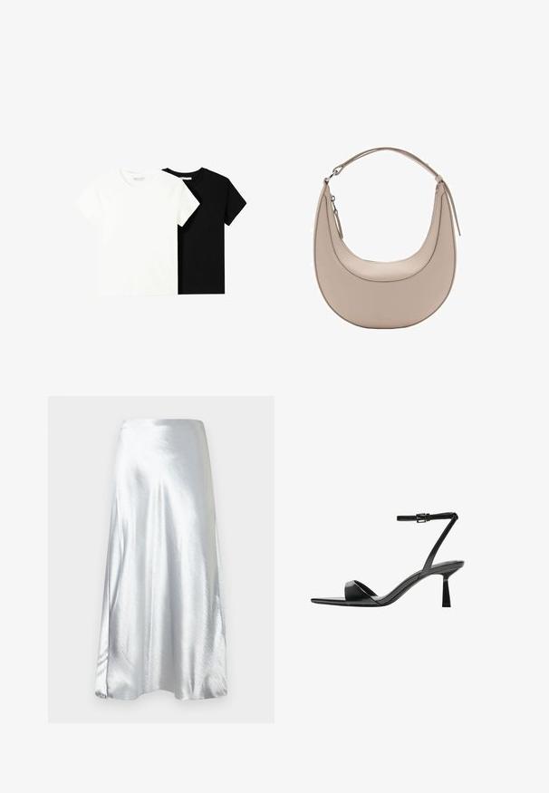 Två kortärmade t-shirts, en vit och en svart, tillverkade av bomull. Båda har en rund halsringning och en enkel, klassisk design.; Silver satin midikjol med en slät textur, utsvängt design och subtil lyster. Har en rak midja och en A-linjeformad silhuett.; Bershka Sandaletter - black; Beige läderaxelväska med en halvmåneform, slät yta och ett enda böjt handtag. Har dragkedjestängning och snygg sömnad.