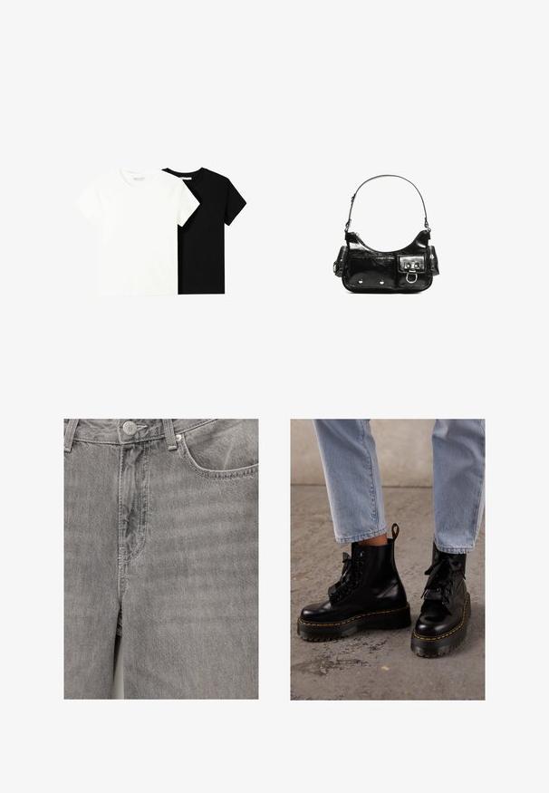 Dve tričko s krátkym rukávom, jedno biele a jedno čierne, vyrobené z bavlny. Obe majú okrúhly výstrih a jednoduchý, klasický dizajn.; Sivé denimové džínsy s hladkou textúrou, obsahujúce predné zapínanie na gombík a zips, bočné vrecká a jemné švy.; Čierne kožené členkové topánky s robustnou podrážkou, okrúhlou špičkou, stužkovými šnúrkami, žltým prešívaním a poutkom vzadu.; Čierna laková kožená kabelka s ohnutým tvarom, jedným ramenným popruhom, prednými vreckami a striebornými kovovými doplnkami.