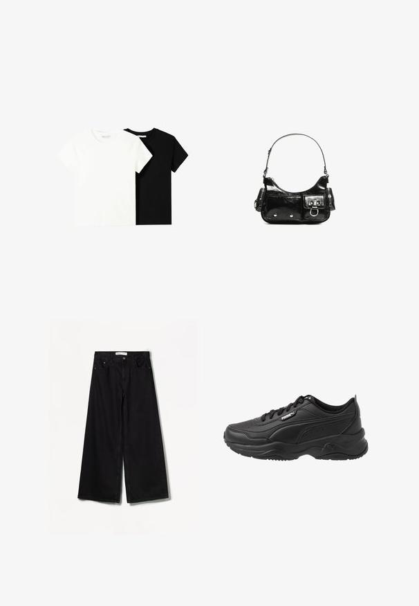 Kaksi lyhythihaista t-paitaa, yksi valkoinen ja yksi musta, valmistettu puuvillasta. Molemmissa on pyöreä kaula-aukko ja yksinkertainen, klassinen muotoilu.; Bershka WIDE-LEG - Leveälahkeiset - black; Mustat urheilukengät, jotka on valmistettu sileästä nahasta ja joissa on pehmustettu nilkkaosa, pyöreä varvas, nauhat ja Puma-logo sivulla.; Mustekko mustasta kiiltonahasta valmistettu käsilaukku, jossa on kaareva muoto, yksi olkahihna, etutaskut ja hopeanväriset yksityiskohdat.