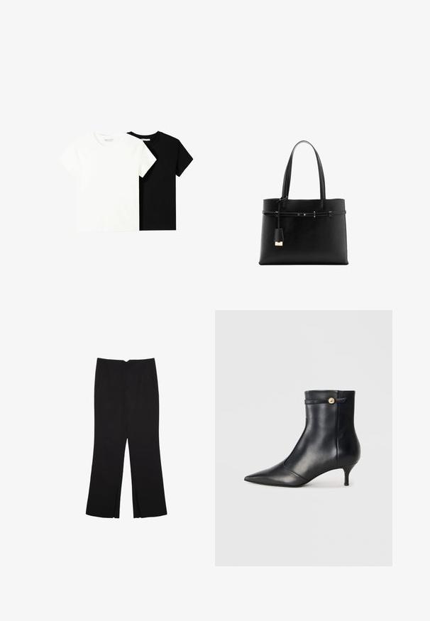 Dwa t-shirty z krótkim rękawem, jeden biały i jeden czarny, wykonane z bawełny. Oba mają okrągły dekolt i prosty, klasyczny design.; Czarne spodnie o prostym kroju, z przednimi kieszeniami i bocznymi rozcięciami na dole. Wykonane z miękkiego, gładkiego materiału. Odpowiednie na różne okazje.; Czarny skórzany botek za kostkę z wydłużonym noskiem i małym, zwężającym się obcasem. Posiada dekoracyjny pasek z złotym guzikiem jako akcent. Gładka tekstura.; Czarna skórzana torba tote z dwoma uchwytami, cienkim dekoracyjnym paskiem i małym zawieszką w kształcie kłódki na białym tle.