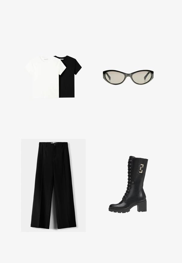 Deux t-shirts à manches courtes, l'un blanc et l'autre noir, en coton. Les deux présentent un col rond et un design simple et classique.; Pantalons larges noirs en tissu léger, avec une fermeture à bouton à l'avant et un devant plat, dotés d'ourlets soigneusement cousus.; Bottines noires montantes à lacets avec un talon épais, en cuir lisse, accents en métal doré et un détail de panneau latéral texturé.; Lunettes de soleil noires en forme de chat avec des verres teintés gris. La monture en plastique présente des bords nets et une finition lisse et brillante.
