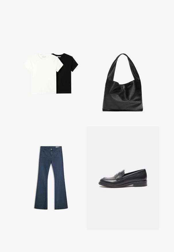 Két rövid ujjú póló, az egyik fehér, a másik fekete, pamutból készült. Mindkettő kerek nyakkivágással és egyszerű, klasszikus dizájnnal rendelkezik.; Sötétkék, bőszárú farmernadrág, varrott zsebekkel, gombos záródással és sima felülettel. Klasszikus ötpocket dizájnnal rendelkezik.; Fekete bőr loaferek sima felülettel, kerek orral és oldalsó varrással. Alacsony, téglalap alakú sarkával rendelkezik.; Fekete bőrtáska puha, lazán lógó dizájnnal, széles fogantyúkkal és sima felülettel. Nincsenek látható fém alkatrészek vagy díszítések.