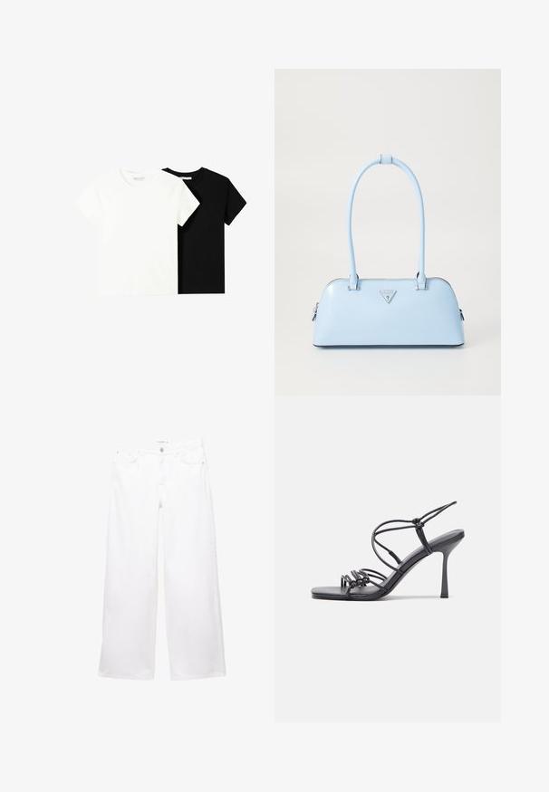 Twee t-shirts met korte mouwen, één wit en één zwart, gemaakt van katoen. Beide hebben een ronde halslijn en een eenvoudig, klassiek ontwerp.; Witte wijde spijkerbroek van denim met een gladde textuur. Voorzien van een knoop- en ritssluiting, met twee voorkanten en twee achterzakken.; Zwarte hoge hakken sandaaltjes hebben dunne banden met een geknoopt ontwerp, een gladde vierkante neus en een elegante stiletto-hak.; Lichtblauwe handtas met een gestructureerde vorm, van soepel leer, met twee handvatten en een driehoekig merklogo aan de voorkant. Met ritsluiting.
