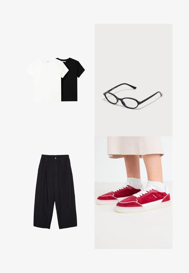 Dvě trička s krátkým rukávem, jedno bílé a jedno černé, vyrobené z bavlny. Obě mají kulatý výstřih a jednoduchý, klasický design.; Černé polyesterové culotte kalhoty s elastickým pasem, dvěma předními sklady a volným siluetou. Žádné viditelné vzory ani kovové detaily.; Červené semišové tenisky s bílými akcenty a tkaničkami, s hladkou gumovou podrážkou a minimalistickými designovými prvky.; Černé brýle oválného tvaru s průhlednými purpurovými akcenty na čočkách. Rám má matný povrch a štíhlé, rovné nožičky.; Černá taška přes rameno vyrobená z hladké kůže, s zakřiveným, otevřeným vrchem a dvěma ramenními popruhy, s minimalistickým designem.; Bílé perlové náhrdelník s různými velikostmi lesklých kulatých perel, zlatým krabím zapínáním a nastavitelným řetízkem.