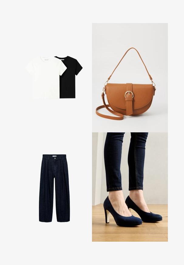 Due magliette a maniche corte, una bianca e una nera, realizzate in cotone. Entrambe presentano un colletto rotondo e un design semplice e classico.; Pantaloni wide-leg in denim scuro con pieghe in vita, dotati di un bottone frontale e passanti per cintura. Texture liscia e design a lunghezza completa.; Scarpe con tacco alto in suede blu navy con punta arrotondata e tacco bianco a contrasto. Indossate con jeans skinny blu scuro su un pavimento in legno.; Borsa a tracolla in pelle marrone con forma curvata, hardware dorato e un dettaglio con fibbia. Presenta una tracolla rimovibile.