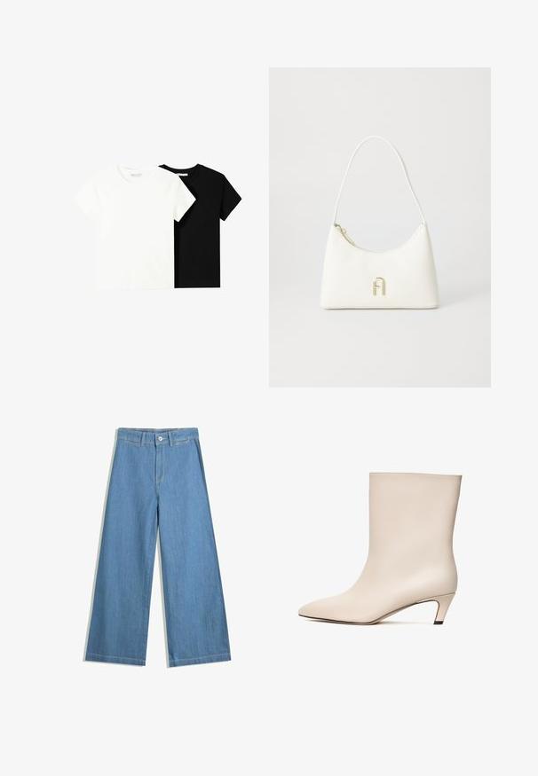 Zwei kurzärmelige T-Shirts, eines weiß und eines schwarz, aus Baumwolle. Beide haben einen runden Halsausschnitt und ein einfaches, klassisches Design.; Hellblaue weit geschnittene Jeans aus Denim, mit Knopfverschluss, Gürtelschlaufen und dezenten Nähten.; Beige Leder Stiefelette mit spitzer Zehe und konischem Absatz. Glatte Textur mit minimaler Nahtführung und eleganter Silhouette.; Weiße Handtasche mit einer geschwungenen Form und glatter Textur. Merkmale eines goldfarbenen Logoakzents und eines Reißverschlusses. Verstellbarer Schulterriemen.