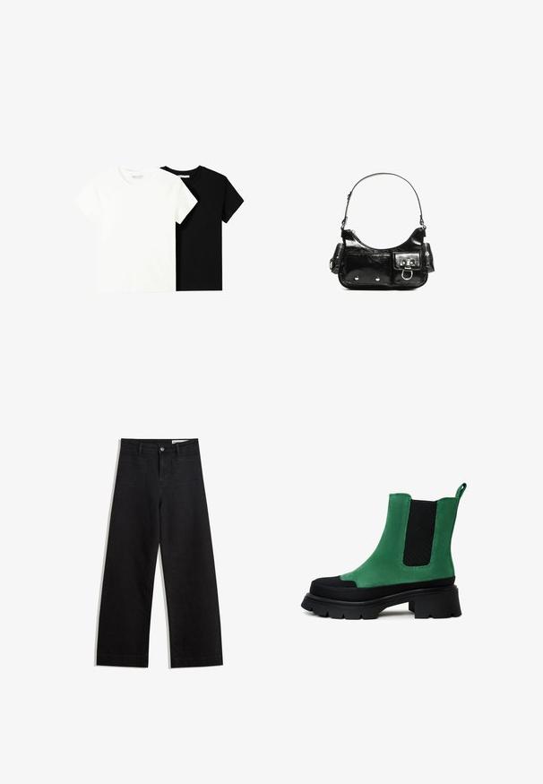 Dvě trička s krátkým rukávem, jedno bílé a jedno černé, vyrobené z bavlny. Obě mají kulatý výstřih a jednoduchý, klasický design.; Černé denimové kalhoty s volným střihem a vysokým pasem, vybavené předními a zadními kapsami, prošívanými švy a knoflíkovým zapínáním. Hladká textura.; Zelené nubukové kotníkové boty s černými elastickými bočními panely a silnou podrážkou s terénním vzorem. Obsahují poutko na zadní straně pro snadné obouvání.; Černá lakovaná kožená kabelka s křivkovým tvarem, jedním ramenním popruhem, předními kapsami a stříbrnými kovovými detaily.