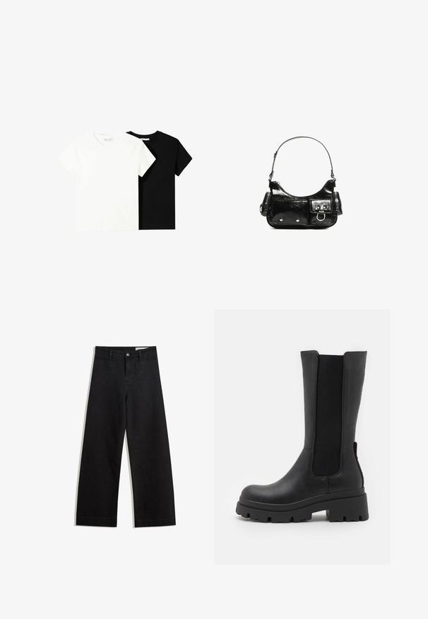 Két rövid ujjú póló, az egyik fehér, a másik fekete, pamutból készült. Mindkettő kerek nyakkivágással és egyszerű, klasszikus dizájnnal rendelkezik.; Fekete, bő szabású farmernadrág magas derékkal, elülső és hátsó zsebekkel, varrott felületekkel és gombos záródással. Sima textúra.; ONLY SHOES ONLDOJA - Platform csizmák - black; Fekete lakkbőr kézitáska ívelt formával, egy vállpánttal, elülső zsebekkel és ezüstszínű fémrészletekkel.