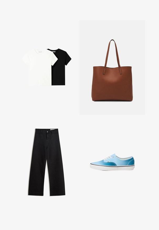 Zwei kurzärmelige T-Shirts, eines weiß und eines schwarz, aus Baumwolle. Beide haben einen runden Halsausschnitt und ein einfaches, klassisches Design.; Schwarze weit geschnittene Jeans mit hoher Taille, ausgestattet mit Vorder- und Hintertaschen, gesteppten Nähten und einem Knopfverschluss. Glatte Textur.; Vans AUTHENTIC - Sneaker low - blue coral gradient; Braune Leder-Tote mit glatter Textur, offenem Oberteil und zwei Schulterriemen. Verfügt über minimale Nähte und keine sichtbaren Beschläge.