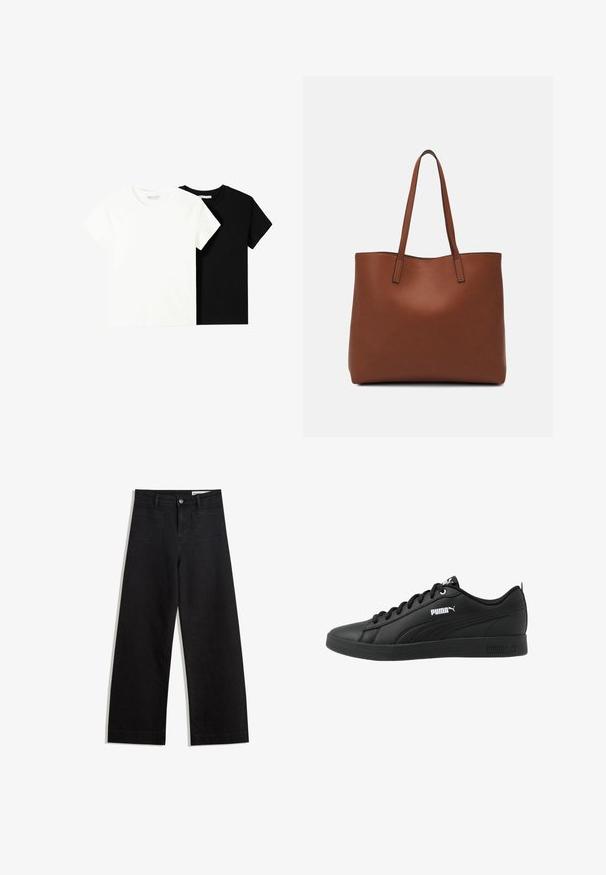 Due magliette a maniche corte, una bianca e una nera, realizzate in cotone. Entrambe presentano un colletto rotondo e un design semplice e classico.; Pantaloni in denim neri a gamba larga con vita alta, dotati di tasche anteriori e posteriori, cuciture a punto, e chiusura con bottone. Texture liscia.; Sneaker sportive nere realizzate in pelle sintetica liscia, con punta rotonda, design con lacci e accenti bianchi del logo sul lato e sulla linguetta.; Borsa tote in pelle marrone con texture liscia, design con apertura superiore e due spallacci. Presenta cuciture minime e nessun hardware visibile.