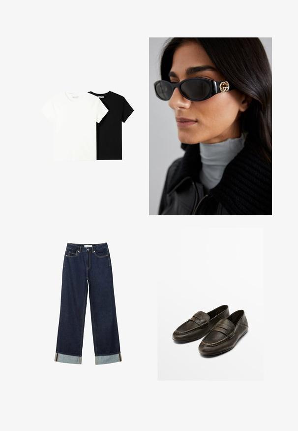 Due magliette a maniche corte, una bianca e una nera, realizzate in cotone. Entrambe presentano un colletto rotondo e un design semplice e classico.; Jeans ampi di colore blu scuro con vita alta, dotati di risvolti, cuciture a contrasto e design a cinque tasche. Realizzati in tessuto denim.; Mocassini in pelle marrone scuro con una texture liscia, dettagli cuciti e una fascia decorativa sulla parte anteriore. Design a profilo basso.; Occhiali da sole neri con una montatura rettangolare elegante e un accento del logo dorato sul lato. Le lenti scure e la finitura lucida sono evidenti.; Borsa in pelle beige con una forma unica, caratterizzata da due manici corti e una lunga tracolla regolabile. Texture liscia con hardware minimale.