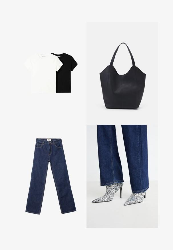 Zwei kurzärmelige T-Shirts, eines weiß und eines schwarz, aus Baumwolle. Beide haben einen runden Halsausschnitt und ein einfaches, klassisches Design.; Dunkelblaue gerade Jeans mit Fronttaschen, Gürtelschlaufen und einem Knopfverschluss.; Hochhackige Stiefeletten mit spitzer Zehenform, bedeckt mit kleinen silbernen Nieten; kombiniert mit dunkelblauen, weit geschnittenen Jeans.; Schwarze Tote-Bag aus glattem Leder, mit einem abgerundeten, offenen Oberteil, zwei Schulterträgern und einem minimalistischen Design.