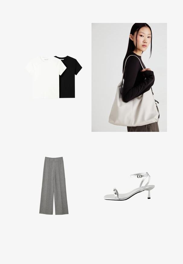 Zwei kurzärmelige T-Shirts, eines weiß und eines schwarz, aus Baumwolle. Beide haben einen runden Halsausschnitt und ein einfaches, klassisches Design.; Grauweite Beinhosen aus strukturiertem Stoff. Mit Falten an der Vorderseite, einem Bund und ohne sichtbare Verschlüsse.; Silberne Sandale mit quadratischer Zehenpartie, dünnem Knöchelriemen und kleinem Blockabsatz. Glatte metallische Oberfläche und minimalistisches Design.; Beige Handtasche aus weichem Material, mit einem lässigen Design, gesteppten Details und zwei Schulterriemen. Geeignet für den täglichen Gebrauch.