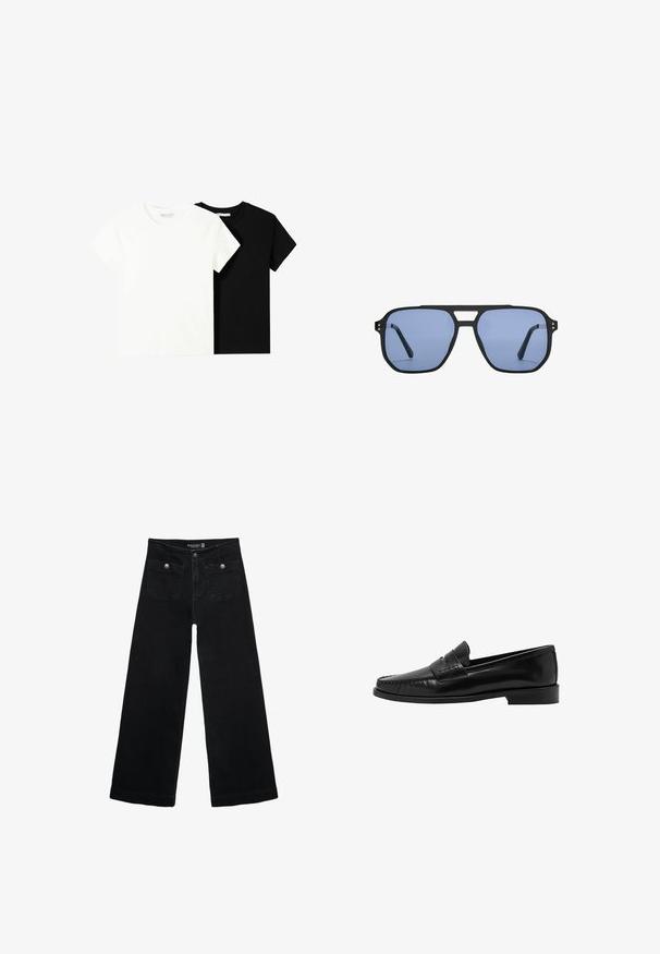 To korte ærmel t-shirts, en hvid og en sort, lavet af bomuld. Begge har en rund halsudskæring og et enkelt, klassisk design.; Sorte vidde jeans med høj talje, der har to forlommer og metalknapdetaljer. Stoffet har en glat tekstur.; Mango Loafers - black; Stradivarius RETRO - Solbriller - light blue