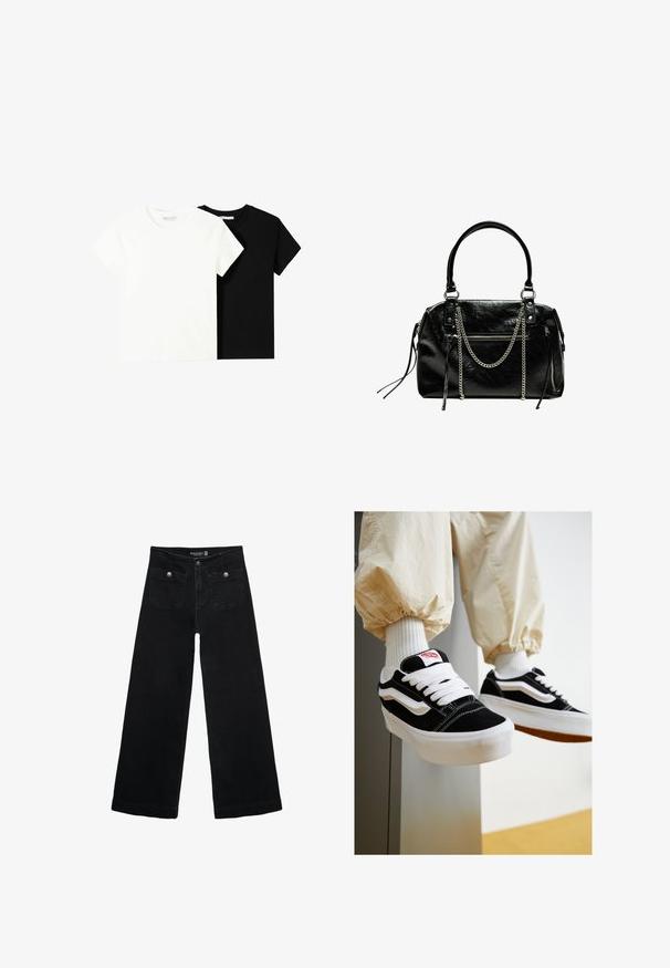 To korte ærmel t-shirts, en hvid og en sort, lavet af bomuld. Begge har en rund halsudskæring og et enkelt, klassisk design.; Sorte vidde jeans med høj talje, der har to forlommer og metalknapdetaljer. Stoffet har en glat tekstur.; Sorte og hvide ruskinds sneakers med flade hvide snører, teksturerede gummisåler og design med side-stribe. Båret med cremefarvede tapered bukser.; Bershka WITH CHAIN - Håndtasker - black