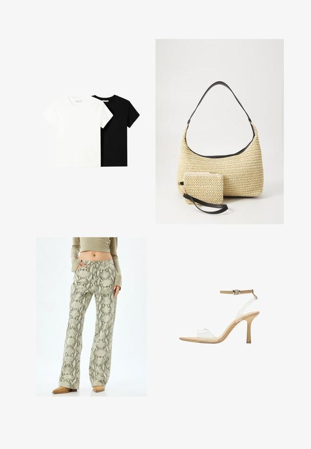 Twee t-shirts met korte mouwen, één wit en één zwart, gemaakt van katoen. Beide hebben een ronde halslijn en een eenvoudig, klassiek ontwerp.; Wijde broekspijpen met een lichtgroen en grijs slangenprintpatroon. Gemaakt van een textuurstof, met zijzakken en een knoopsluiting.; Heldere sandaal met een doorzichtige bovenkant, beige voetbed en een slanke enkelriem. Voorzien van een spitse neus en een dunne hoge hak.; Geweven strohandtas met een gebogen silhouet, voorzien van een soepele zwarte leren schouderband en een bijpassend klein zakje dat is bevestigd met een polsband.