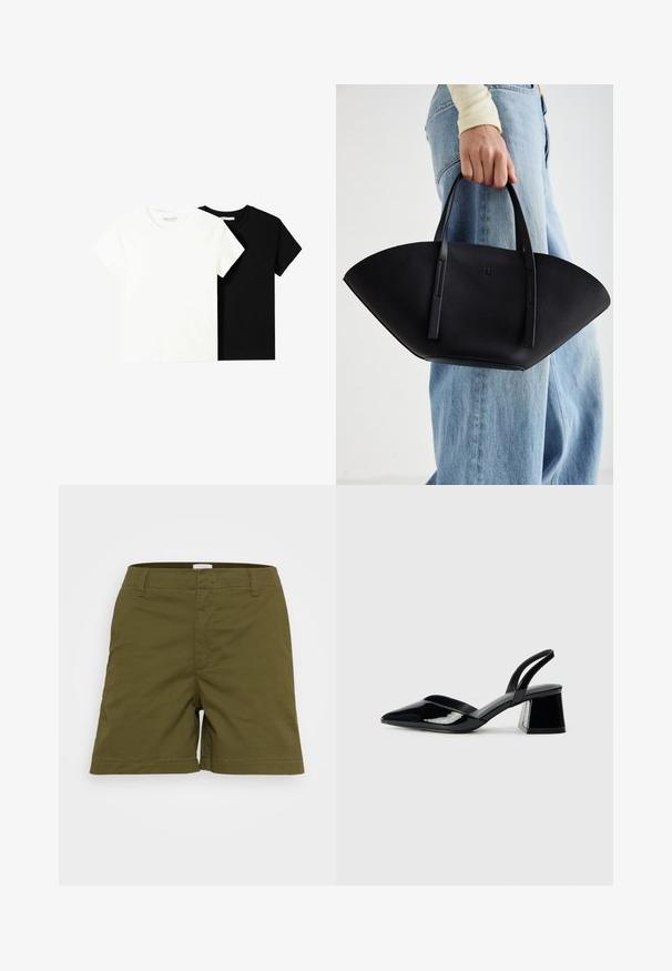 Dvě trička s krátkým rukávem, jedno bílé a jedno černé, vyrobené z bavlny. Obě mají kulatý výstřih a jednoduchý, klasický design.; Olivově zelené šortky vyrobené z lehké tkaniny, s klasickým střihem, rovného lemu a předními kapsami. Plochý pás s poutky.; Černé lakované kožené lodičky na pásku s špičatou špičkou a geometrickým blokovým podpatkem. Vyznačují se elegantním, minimalistickým designem a hladkým povrchem.; Černá kožená kabelka s jedinečným tvarováním ve tvaru vějíře, vybavená plochými uchy. Povrch má jemně zrnitou texturu a minimalistický design.