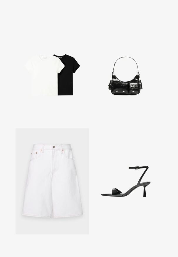 Két rövid ujjú póló, az egyik fehér, a másik fekete, pamutból készült. Mindkettő kerek nyakkivágással és egyszerű, klasszikus dizájnnal rendelkezik.; GAP JORT - Rövidnadrágok - optic white; Bershka Magas sarkú szandálok - black; Fekete lakkbőr kézitáska ívelt formával, egy vállpánttal, elülső zsebekkel és ezüstszínű fémrészletekkel.