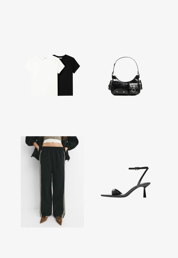 Dve majice s kratkimi rokavi, ena bela in ena črna, izdelani iz bombaža. Obe imata okrogel izrez in preprost, klasičen dizajn.; Črne, ohlapne trenerke z elastiko v pasu in stranskimi žepi, ki imajo kontrastne svetlo bež črte ob nogah.; Bershka Sandali z visoko peto - black; Črna lakasta usnjena torbica s ukrivljeno obliko, enim ramenskim trakom, sprednjimi žepi in srebrnimi kovinskimi dodatki.