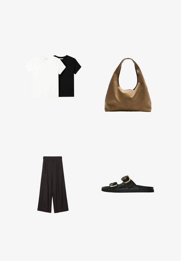 Dvě trička s krátkým rukávem, jedno bílé a jedno černé, vyrobené z bavlny. Obě mají kulatý výstřih a jednoduchý, klasický design.; Černé široké kalhoty s plisovaným předním designem, vyrobené z hladké tkaniny. Mají vysoký pas a uvolněnou, splývavou siluetu.; Černé kluzné sandály s dvěma zlatými sponami, hladkým texturovaným materiálem, plochou podrážkou a minimalistickým designem.; Hnědá textilní taška přes rameno s širokým, zaobleným tvarem a velkým výřezem na rukojeť. Měkká textura, minimalistický design a žádné viditelné kovové prvky.